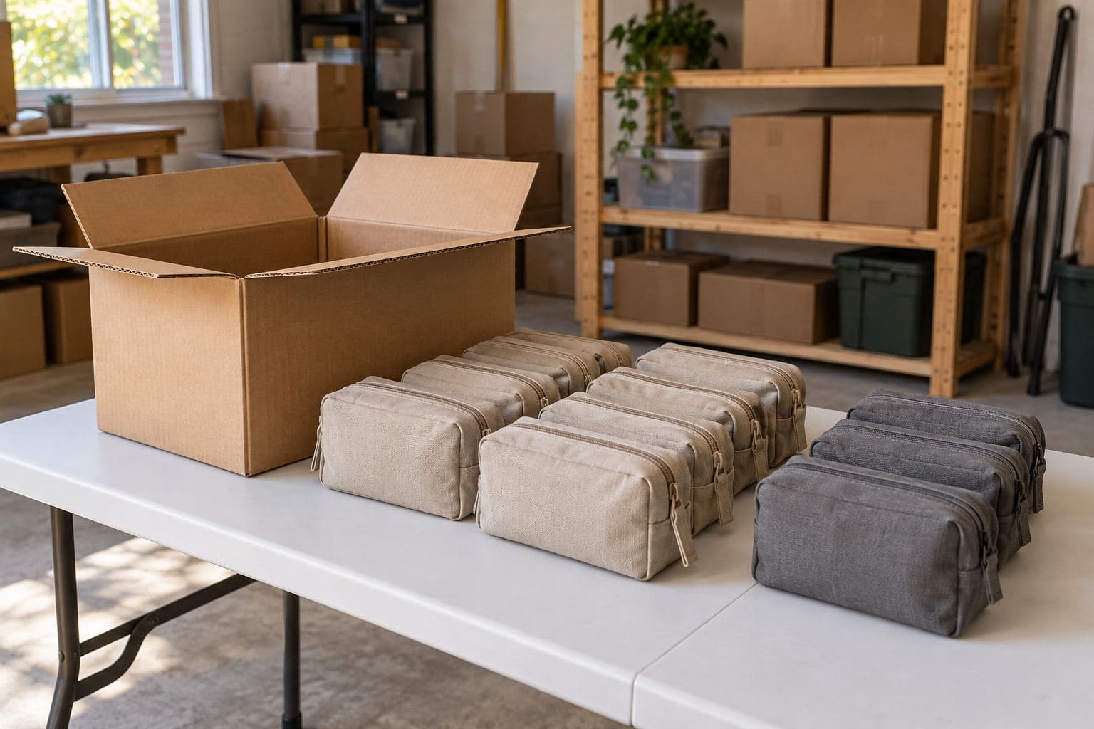 Open master carton with beige and gray storage pouches separated for counting