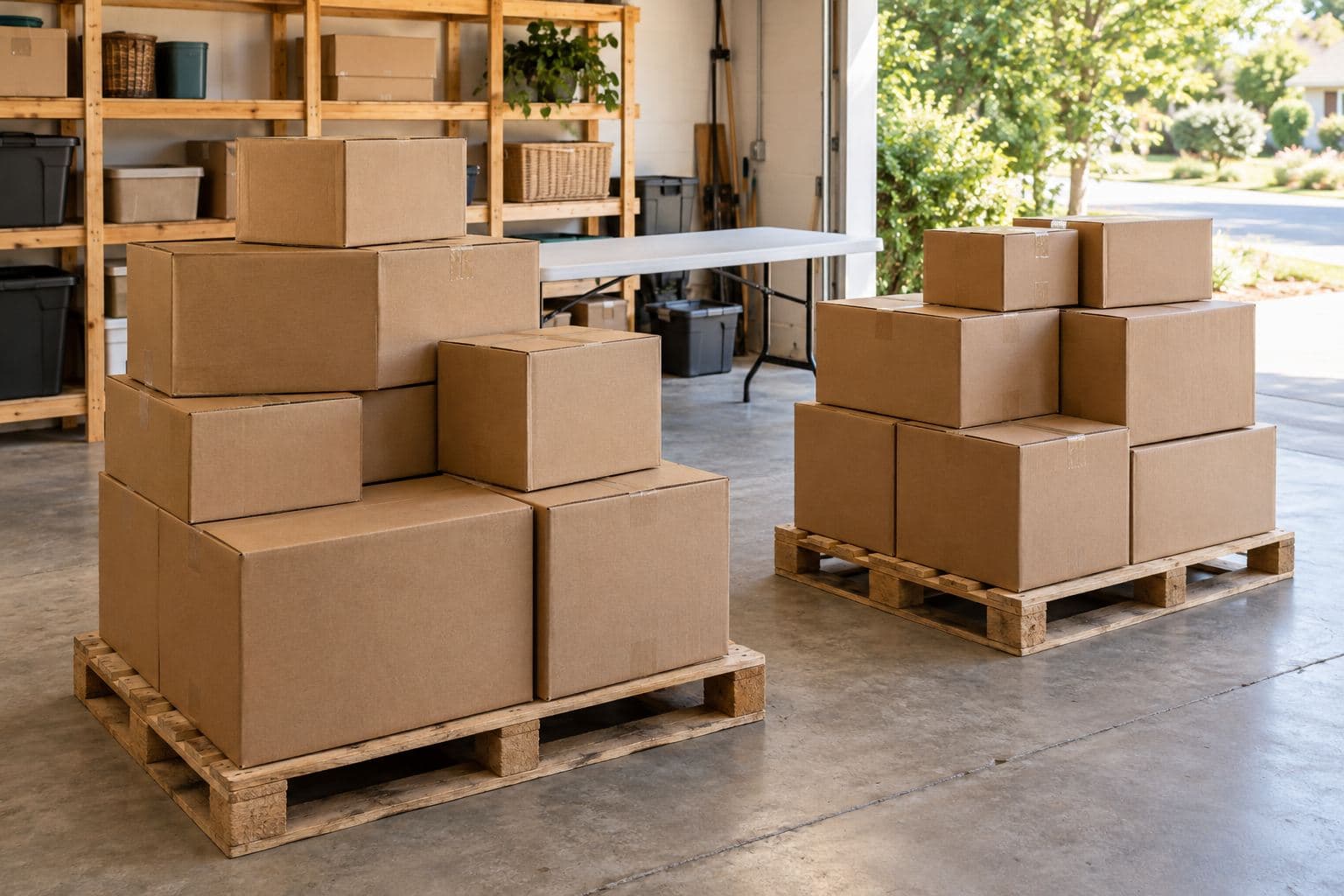 Plain cartons on two low pallets beside a garage sorting table