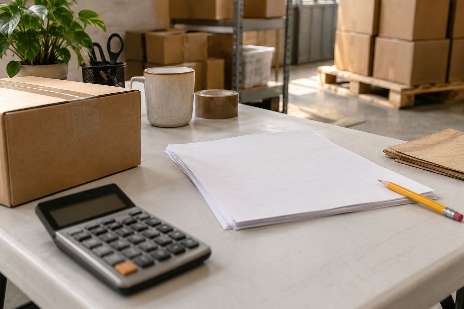 Face-down papers, a pencil and a dark-display calculator beside plain cartons