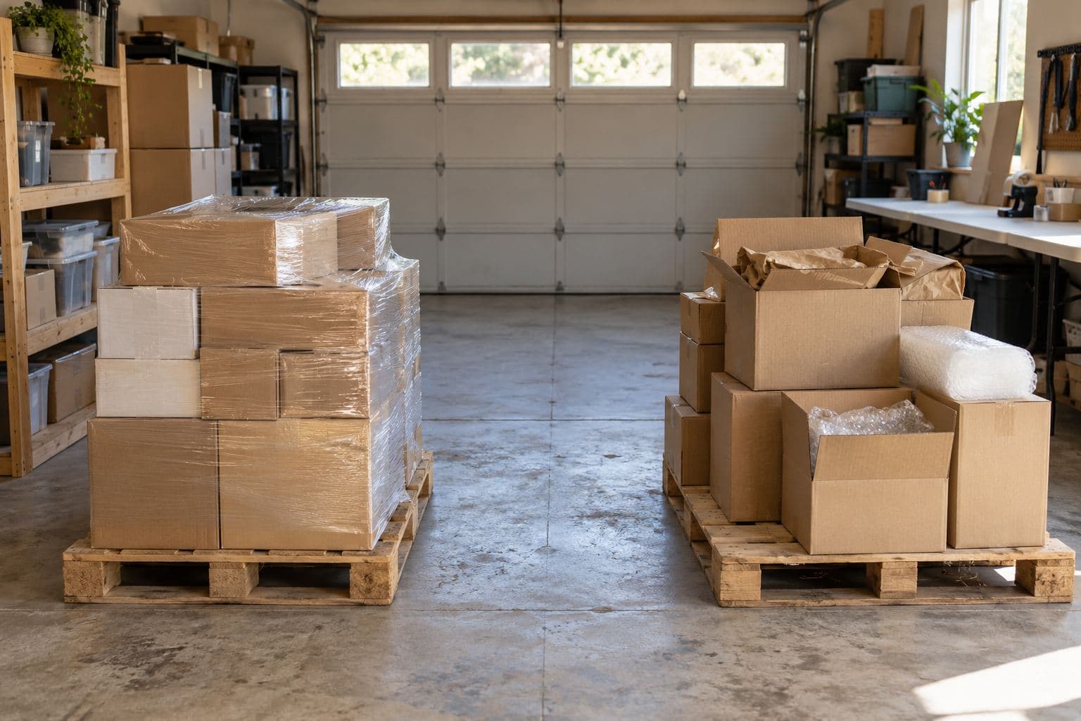 Two pallets of plain cartons with different packaging in a clear garage aisle