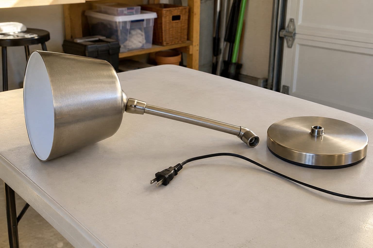 Unplugged desk lamp beside its detached base on a plain folding table