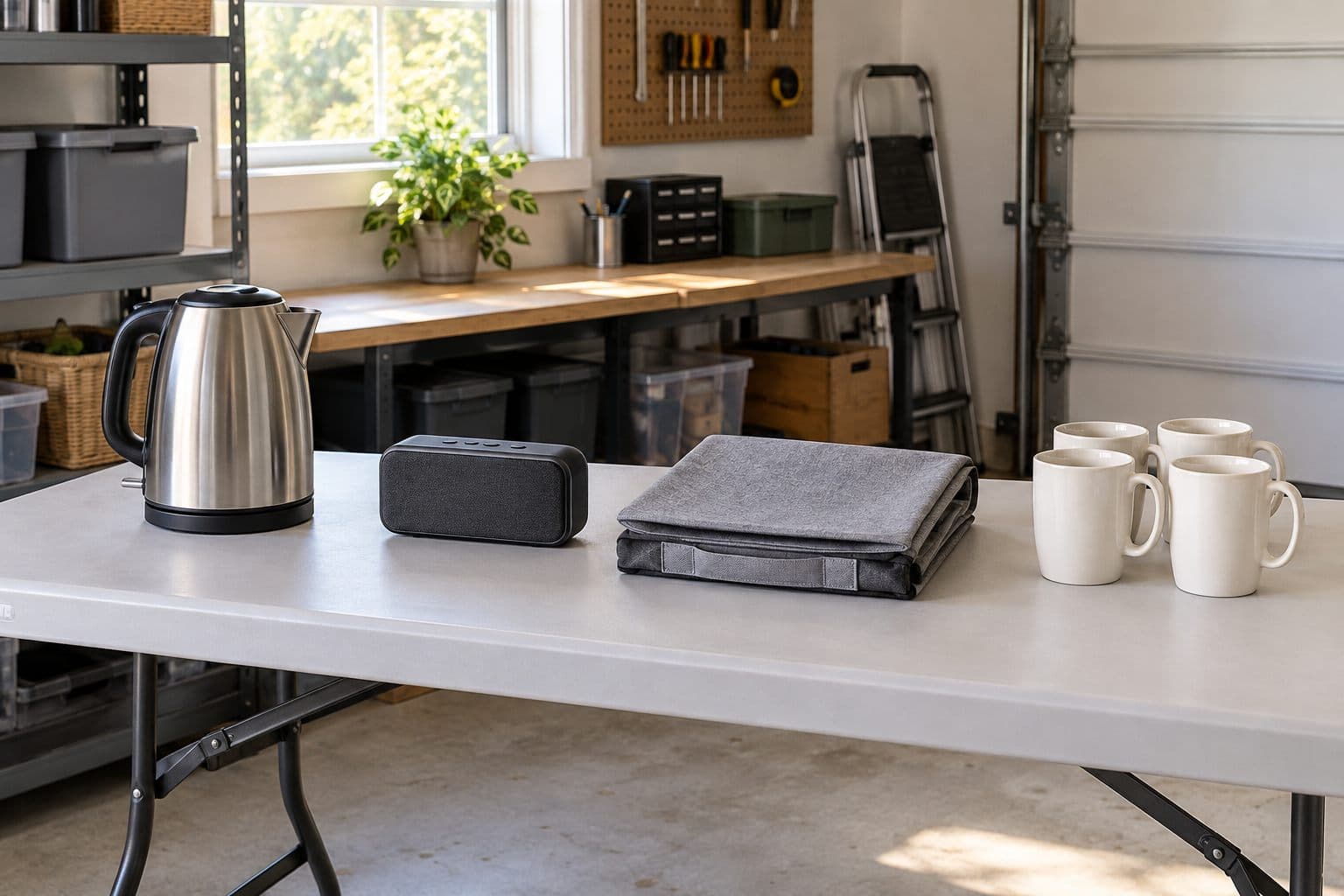 Generic unboxed household items arranged separately on a research table