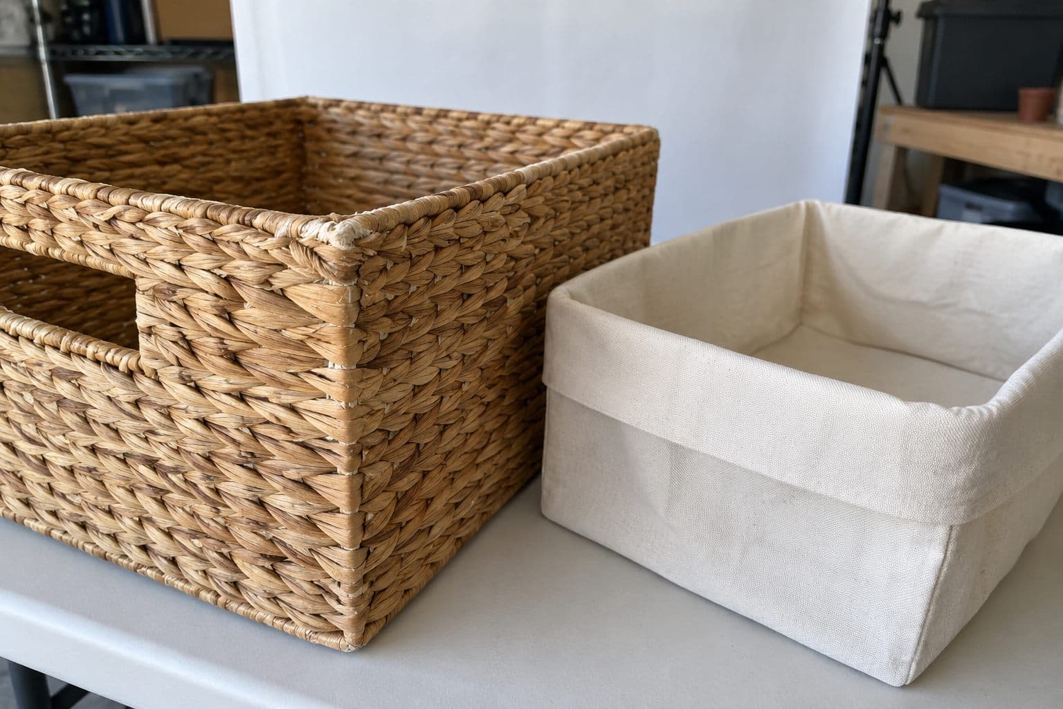 Close view of a scuffed basket edge beside the matching removable insert