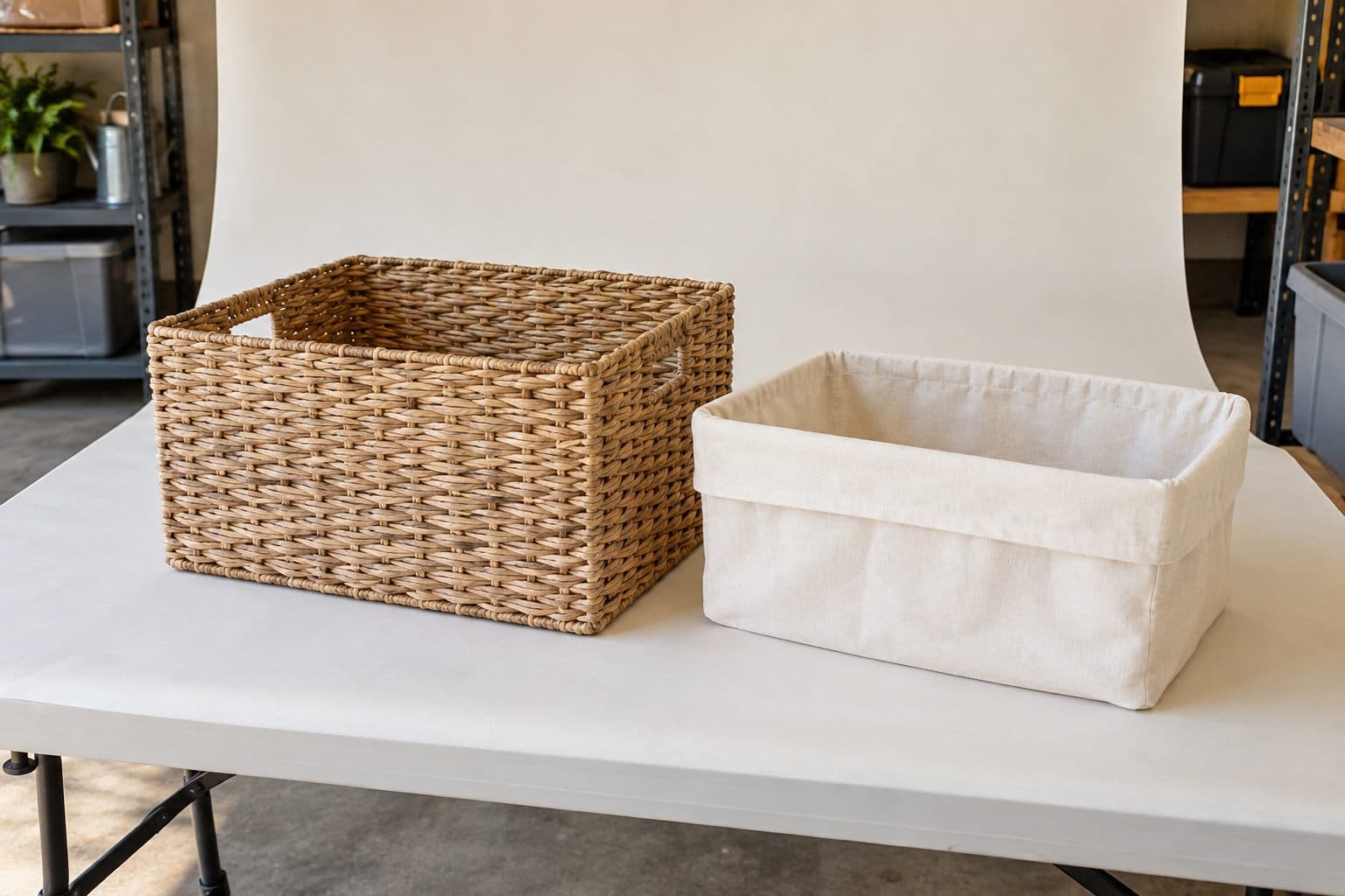 Generic storage basket and removable insert on a plain photo backdrop