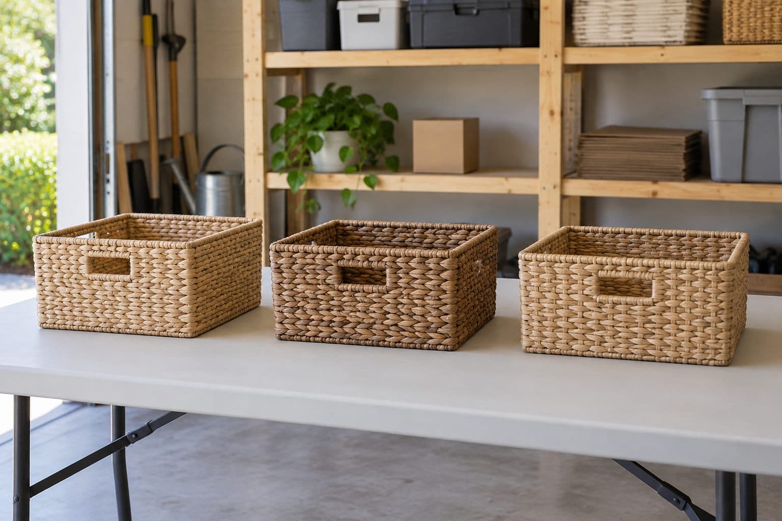 Three generic storage baskets laid out separately on a folding table