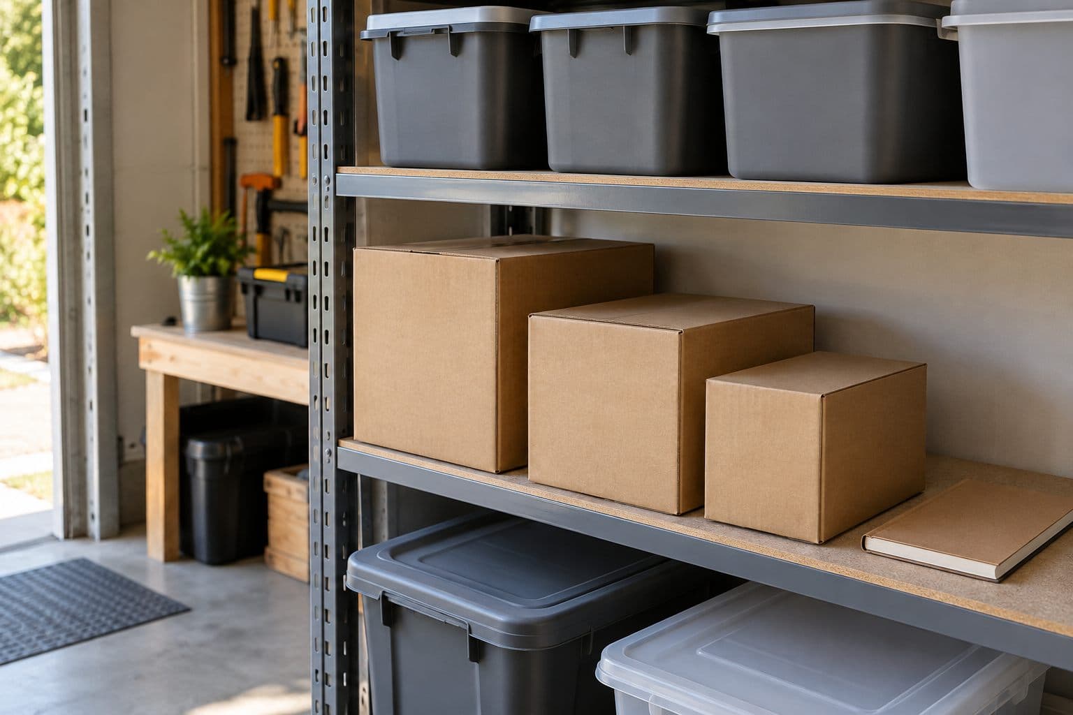 Plain cartons and a closed notebook beside a row of storage bins