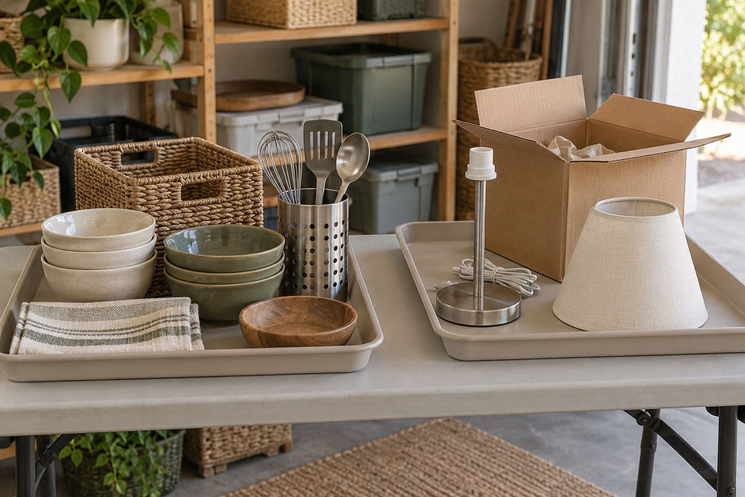 Unmarked household goods separated into two trays on a garage sorting table
