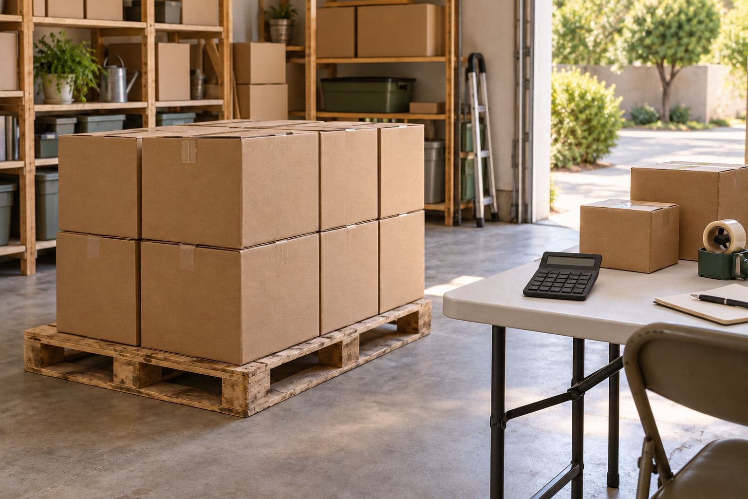 Plain pallet and shipping cartons beside a calculator with its display blank