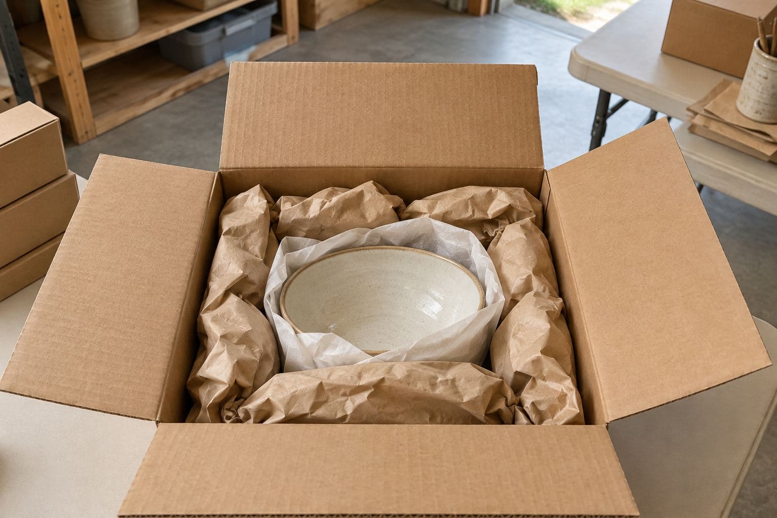 Ceramic bowl cushioned with plain paper inside a shipping carton