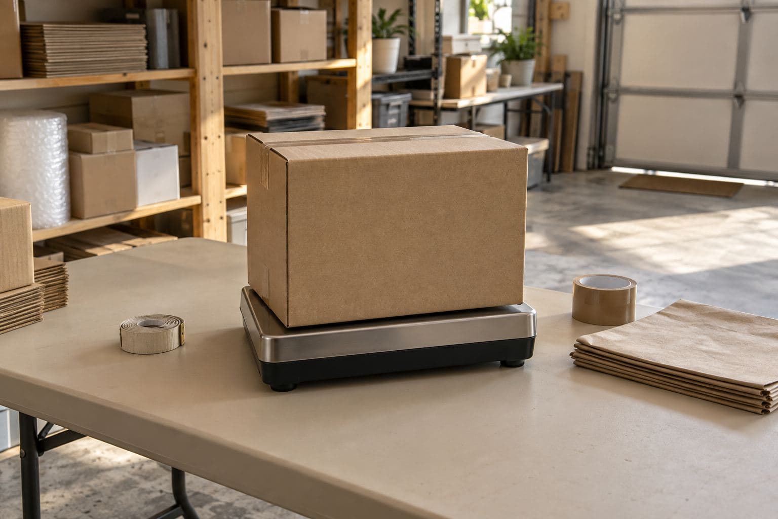 Plain closed carton on a parcel scale with its display turned away