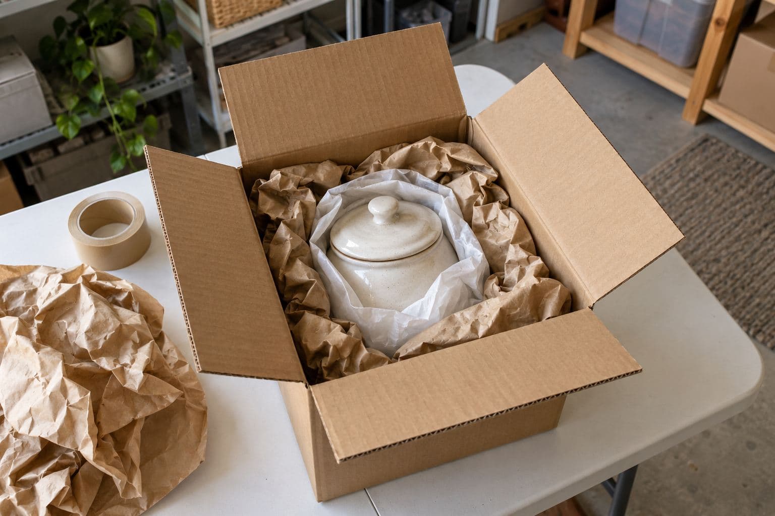 Unmarked household item cushioned inside a plain corrugated shipping box