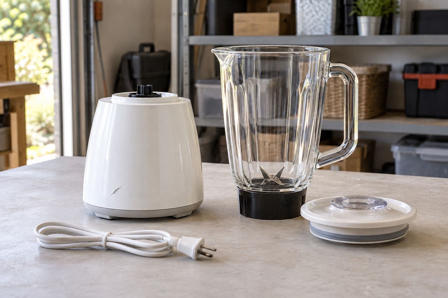 Unbranded blender with a scuffed base, detached pitcher and included accessories