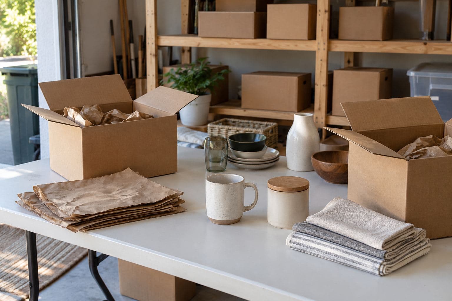 Plain shipping cartons and packing paper beside grouped household items