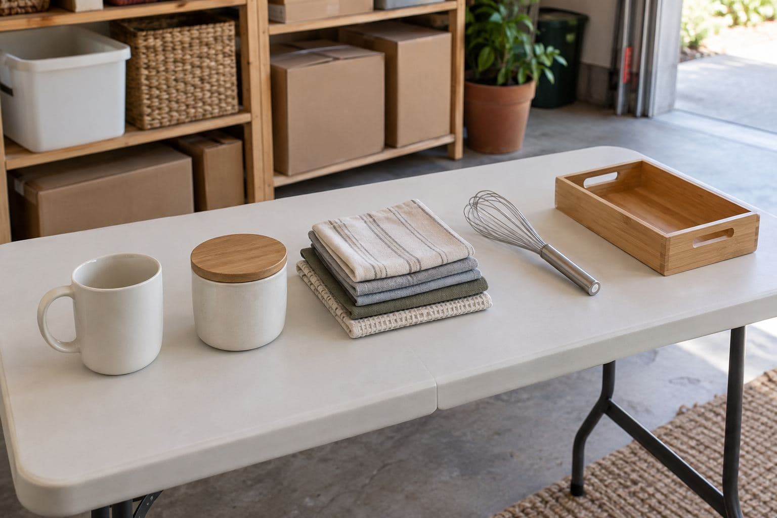 Small unbranded household items arranged in an orderly row on a garage table