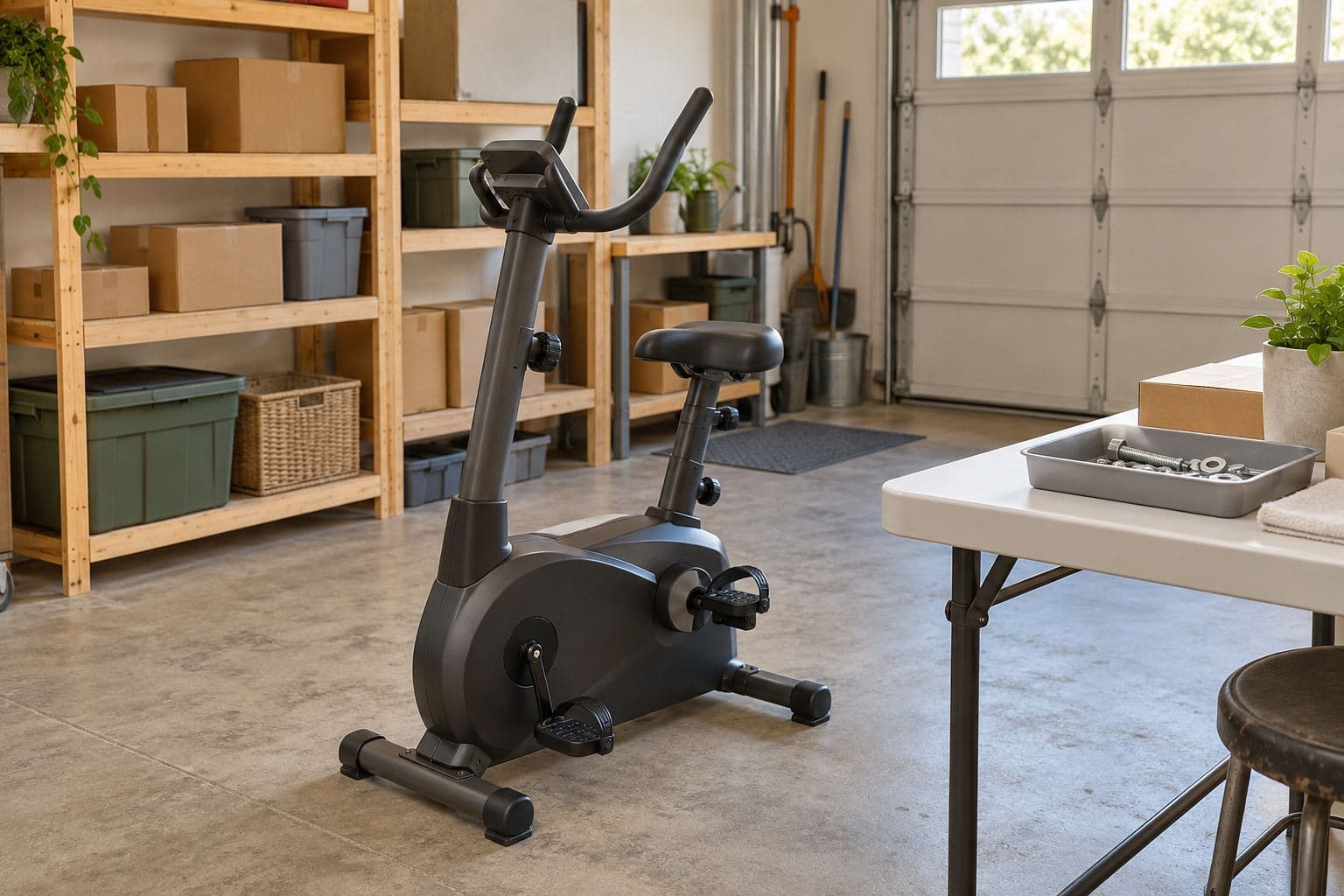 Stationary exercise bicycle beside a table with hardware and a clear garage aisle