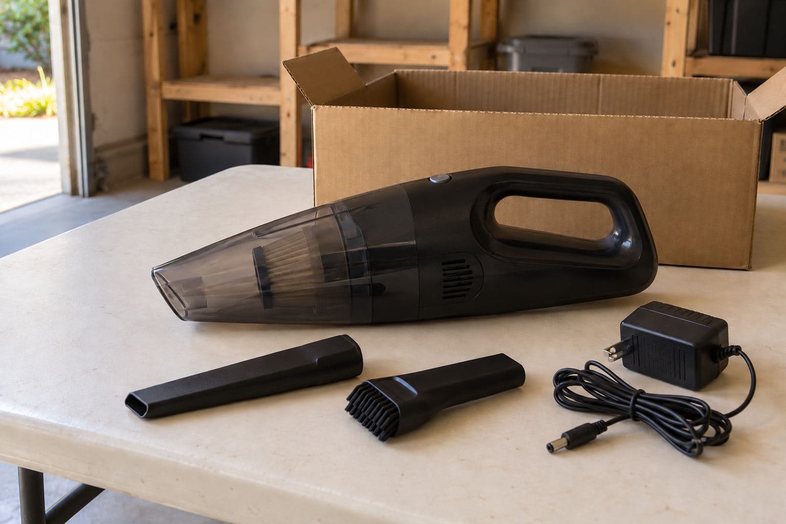 Unbranded handheld vacuum with separate nozzle attachments and power adapter on a table