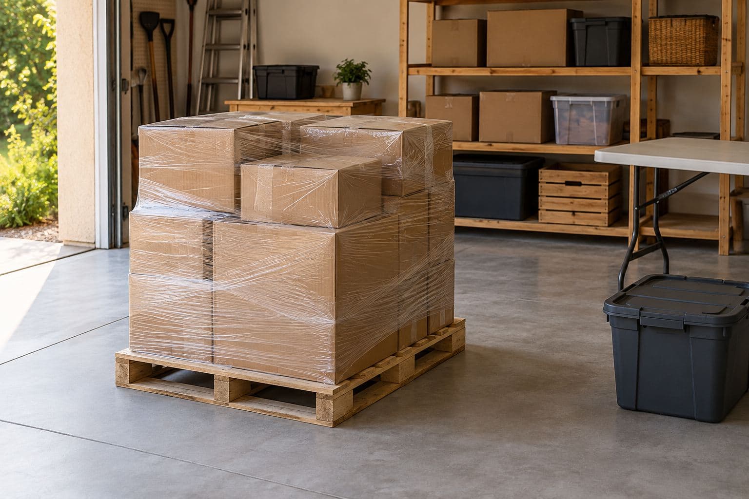 Short clear-wrapped pallet of plain cartons with open processing space in a garage