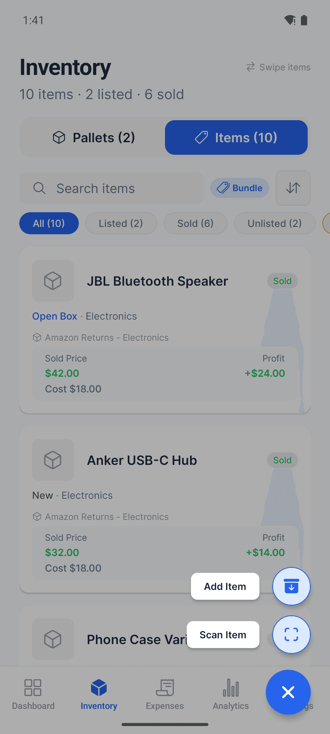 PalletPro action menu with Add Item and Scan Item buttons