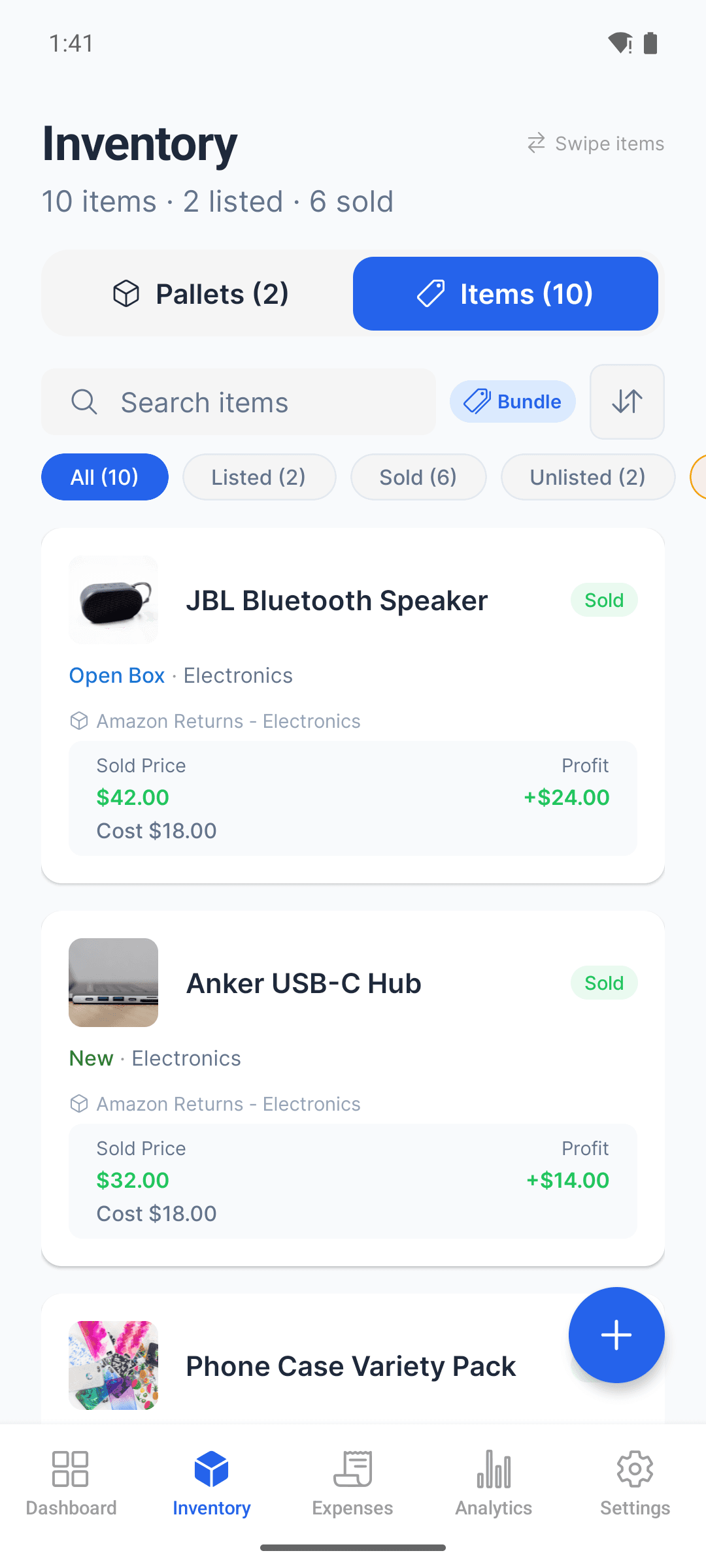 PalletPro inventory screen with items, statuses, and profit per item