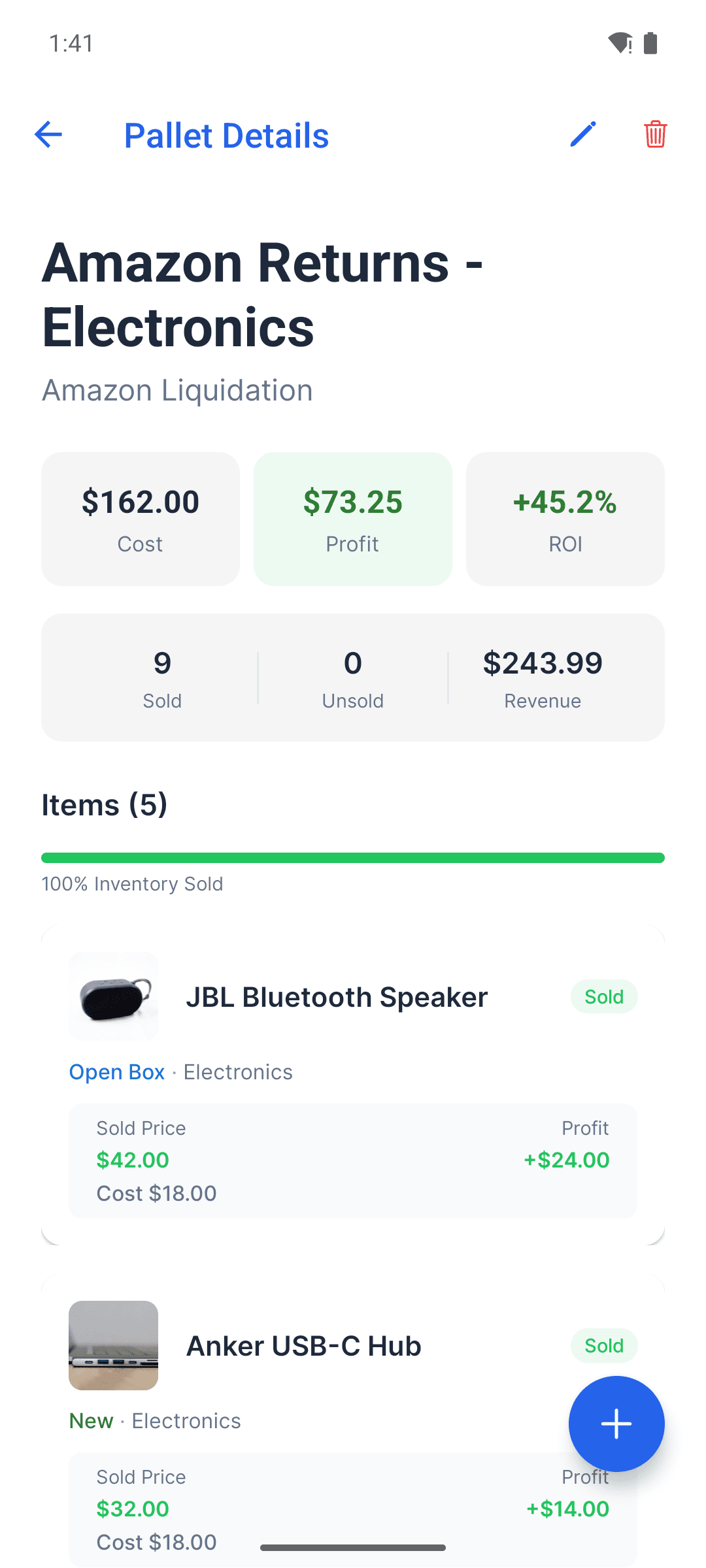 PalletPro pallet detail screen with cost, profit, and ROI per pallet
