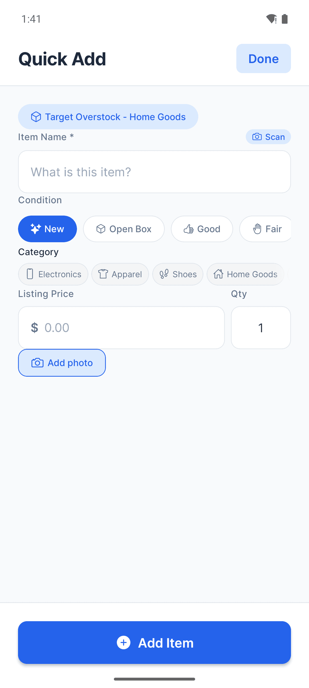 PalletPro Quick Add screen with source pallet, item name, and condition fields
