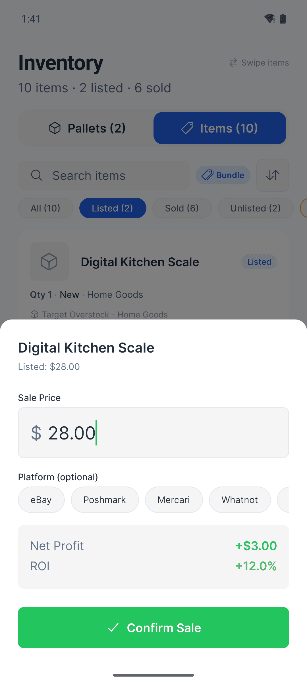 PalletPro sale confirmation sheet showing net profit and ROI