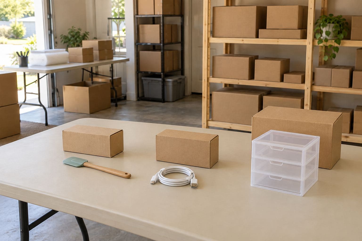 Small generic products on a photography surface beside unopened plain cartons