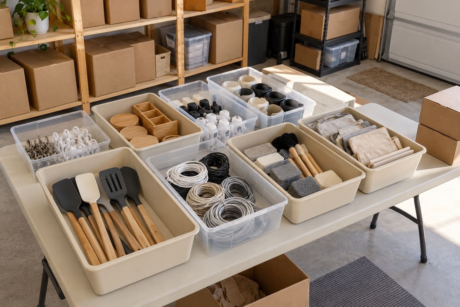 Shallow sorting bins containing generic kitchen tools and small accessories