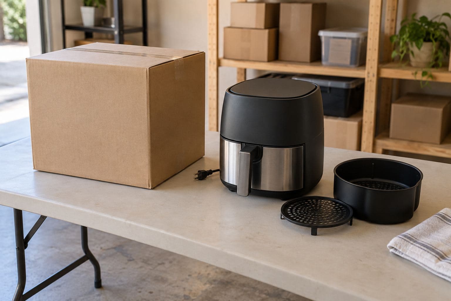 An unmarked carton and unplugged small appliance with its loose accessories