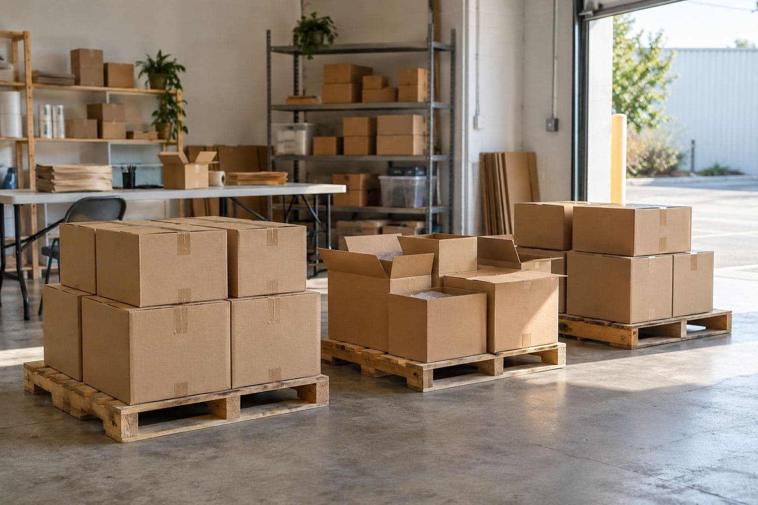 Plain cartons on three low pallets beside an empty receiving bay