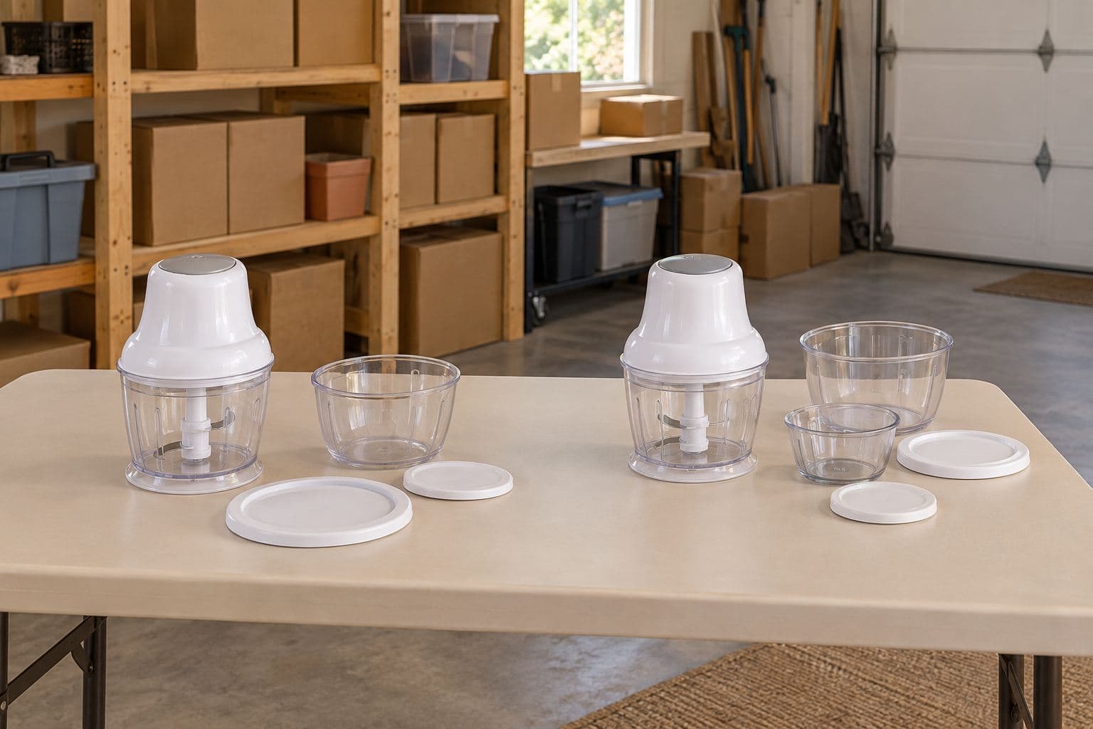 Two similar unbranded countertop devices with separate accessory groups