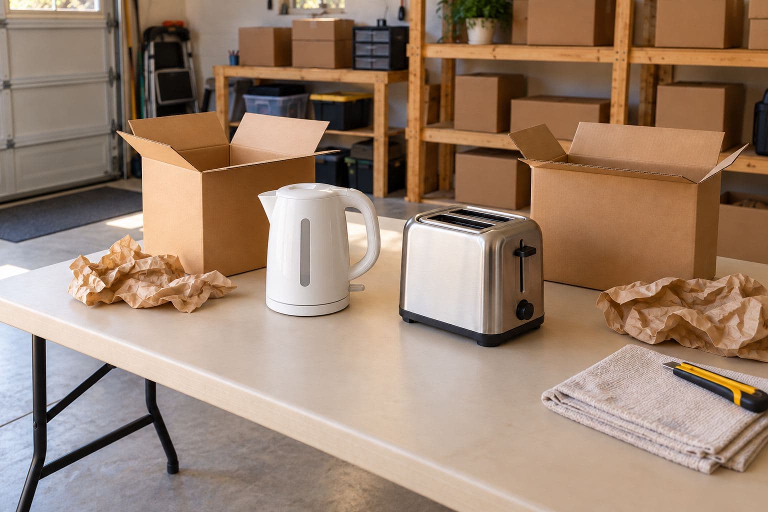 Unbranded small appliances removed from plain boxes on a garage table