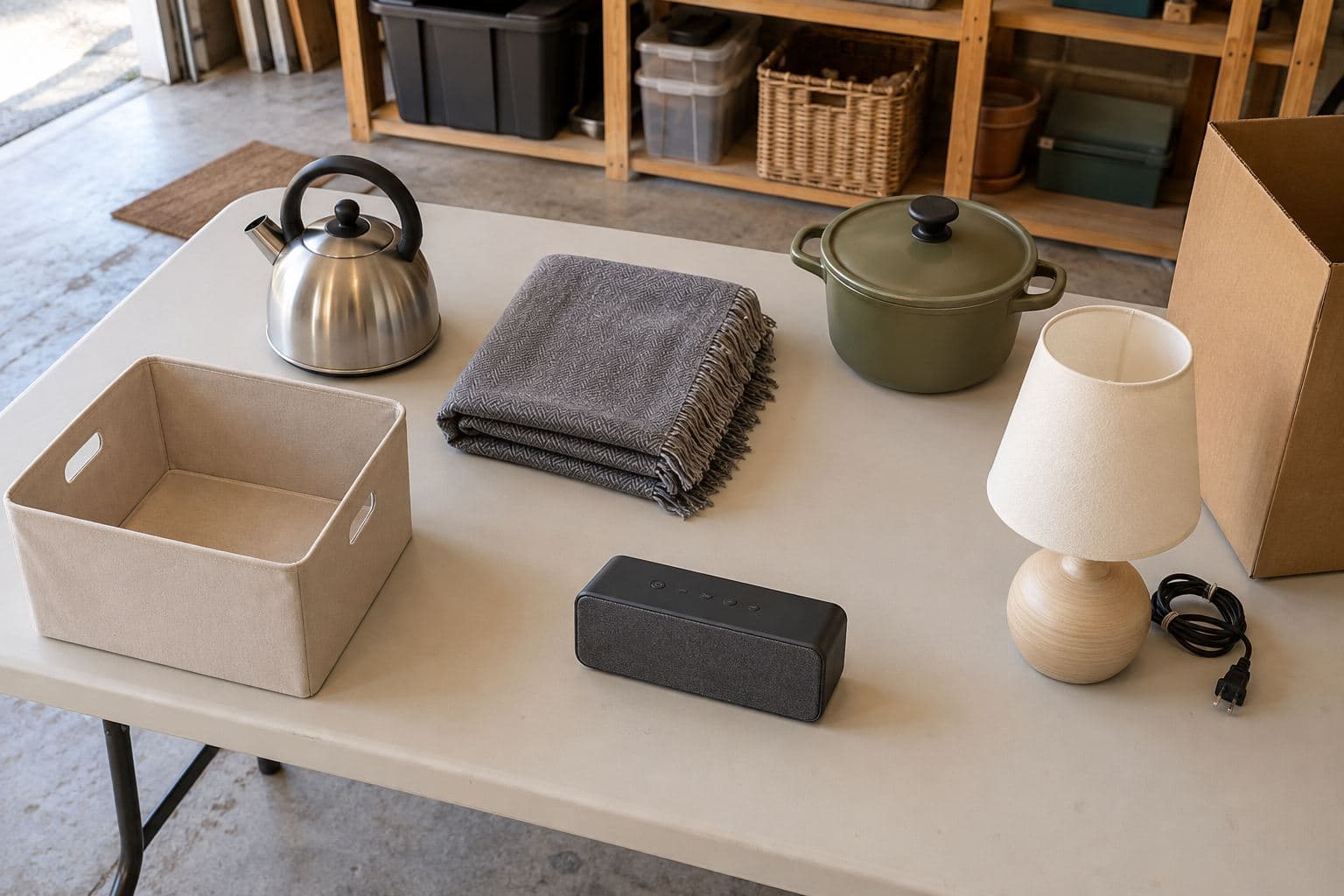 Kettle, folded textile, cooking pot, lamp, storage box and speaker arranged for inspection