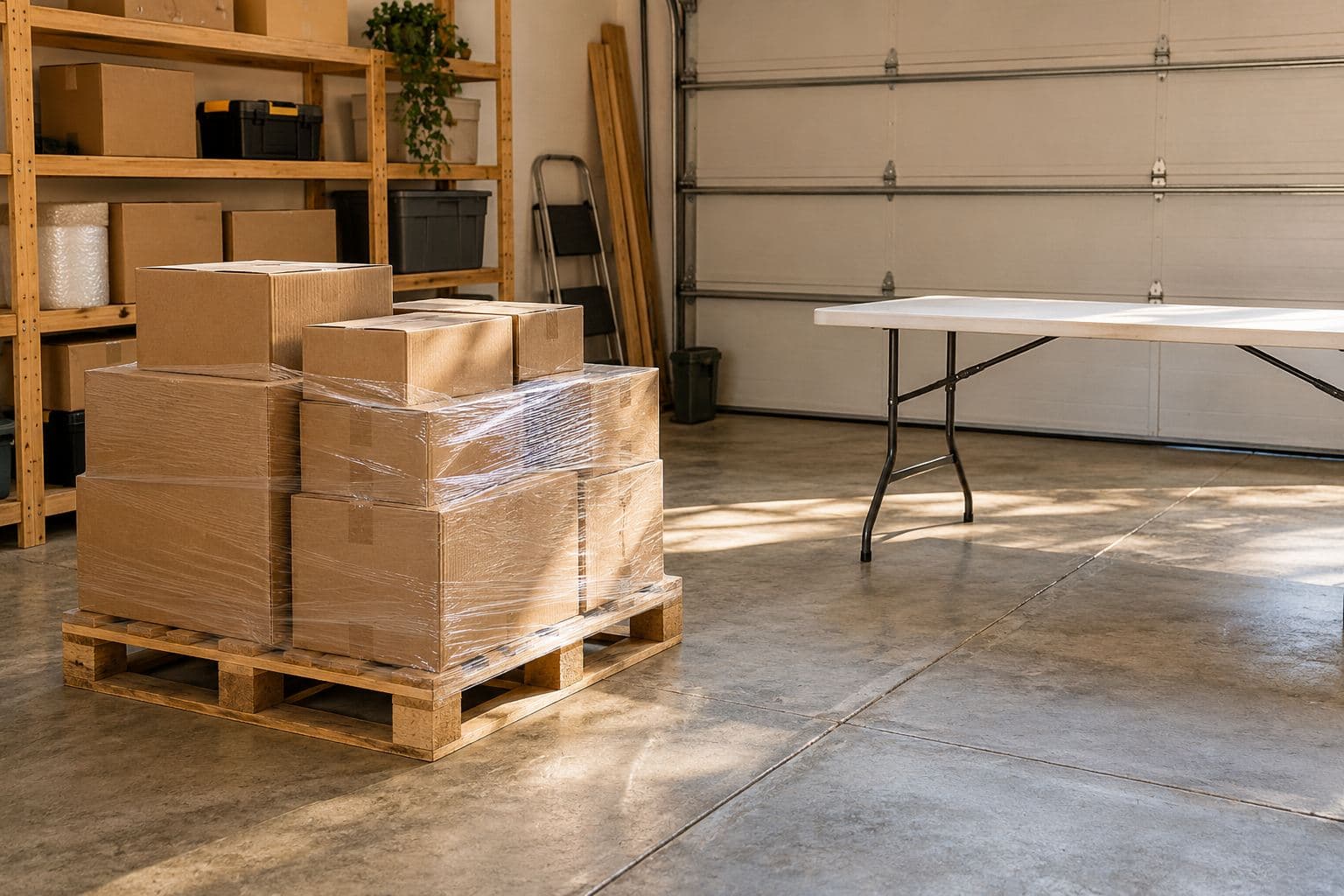 Stable pallet of plain mixed-size cartons beside an empty garage sorting table