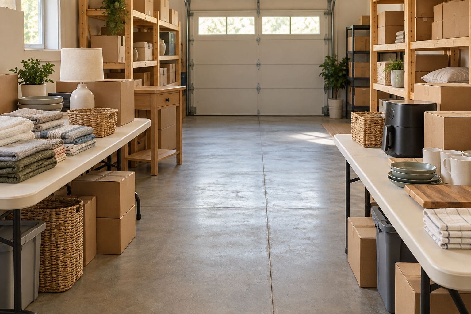 Generic home goods separated for inspection beside a clear aisle