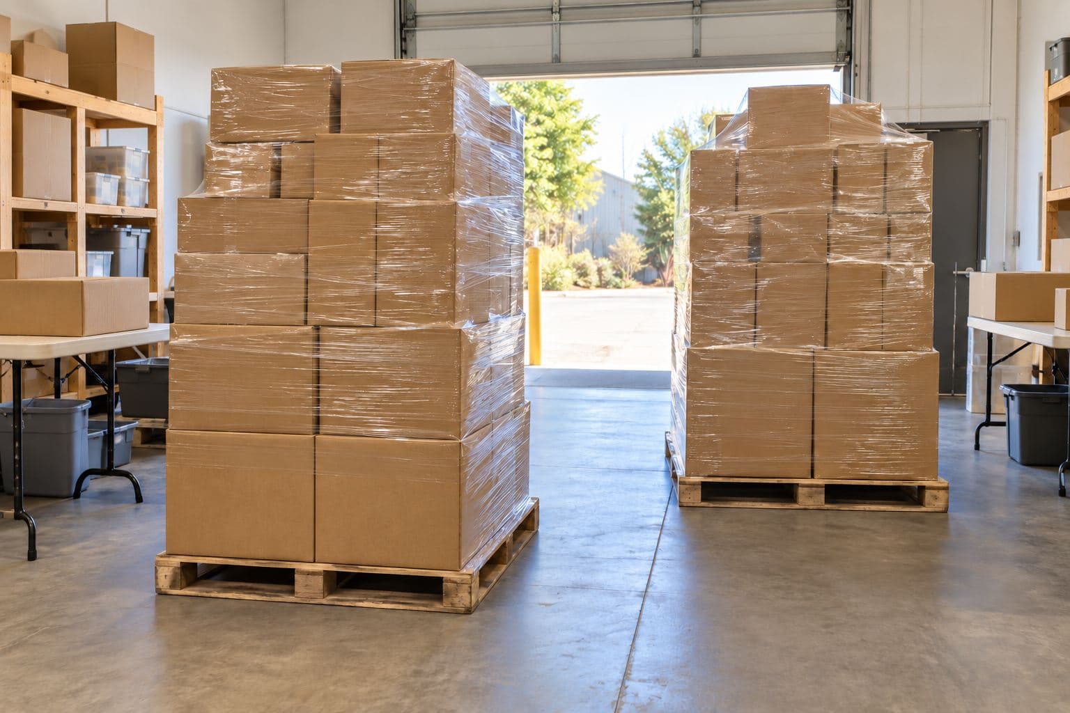 Two tall wrapped carton pallets with a clear receiving aisle