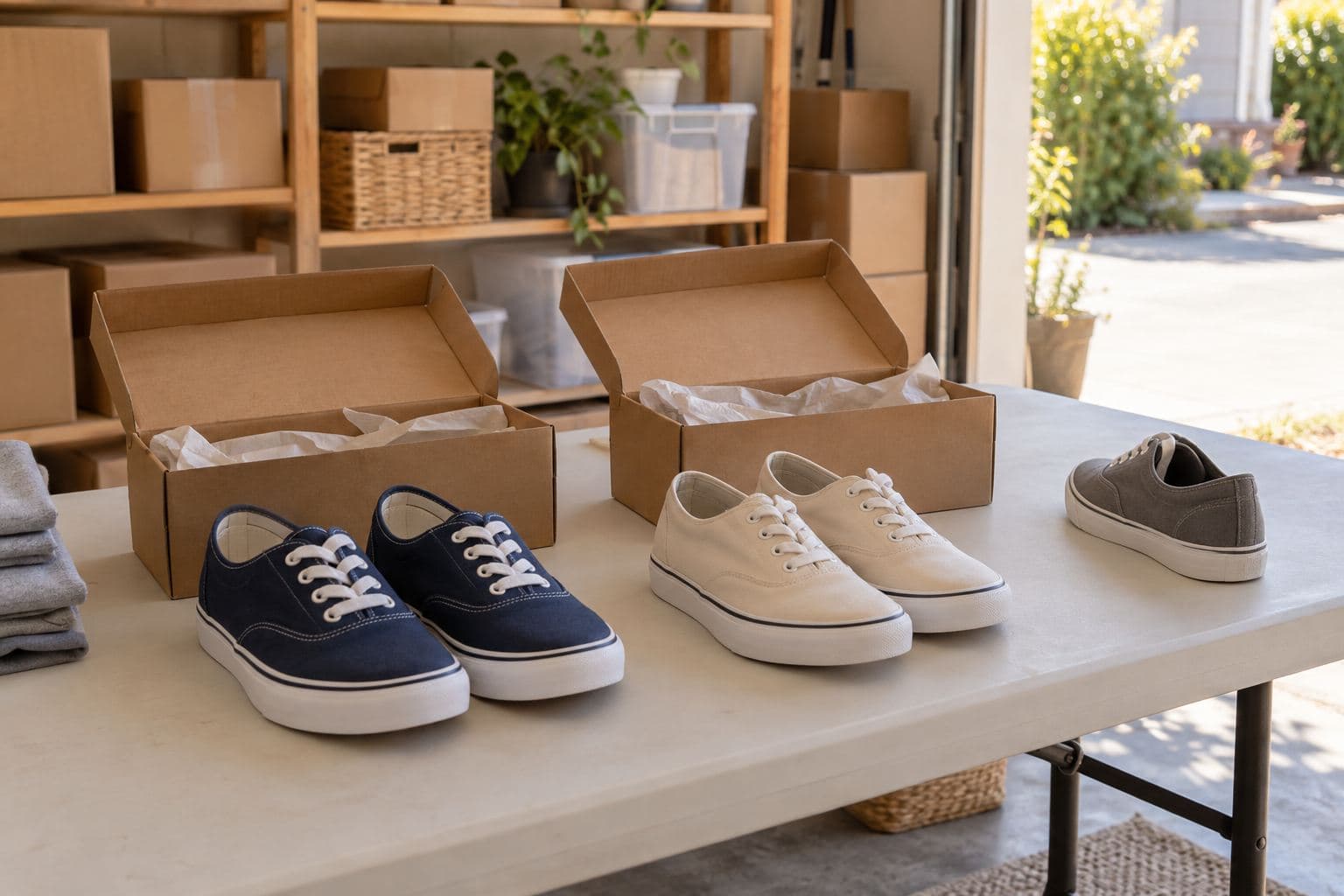 Matched shoe pairs beside plain boxes with one single shoe set apart