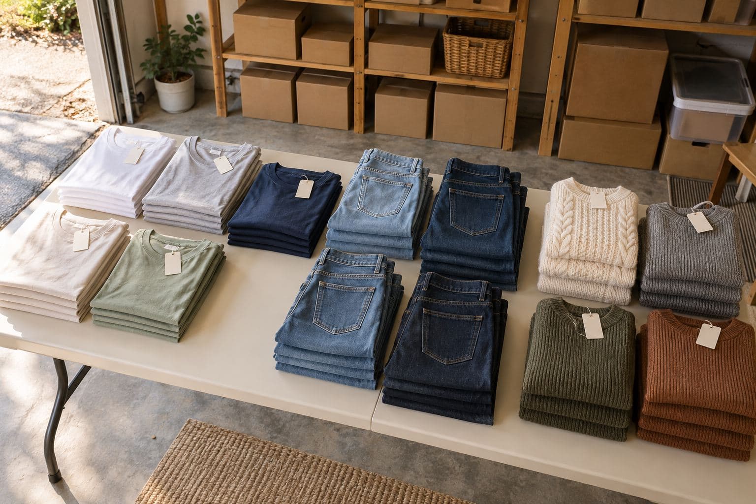 Folded shirts, jeans and sweaters sorted into groups on a table
