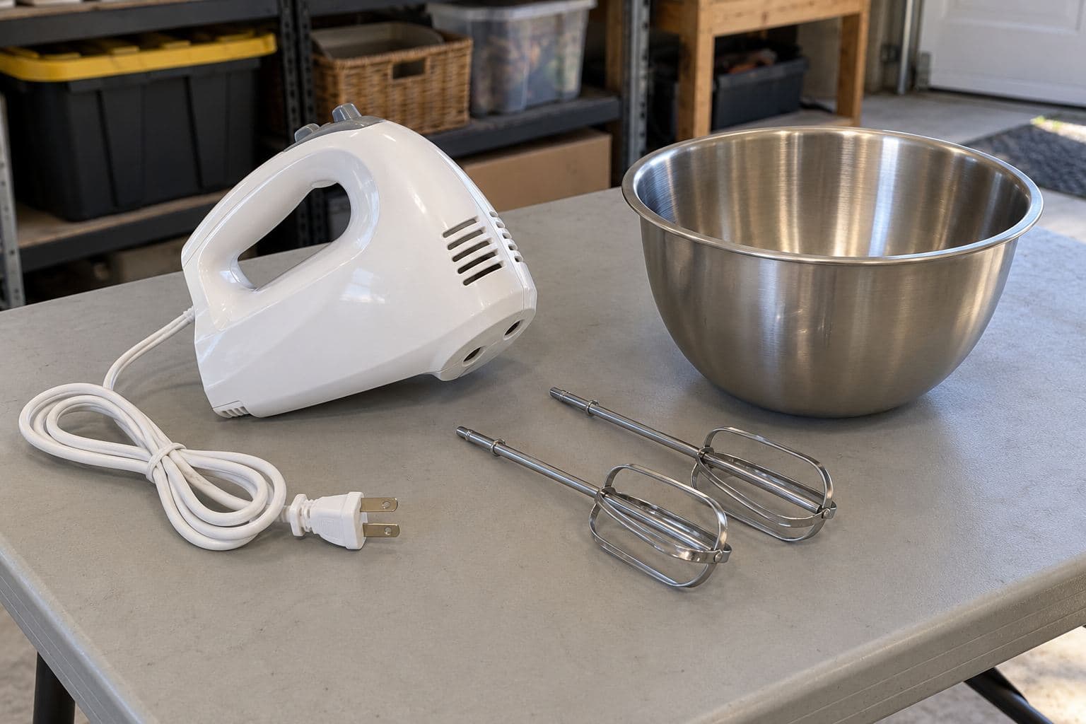 Unplugged countertop mixer with its bowl and attachments on an inspection table