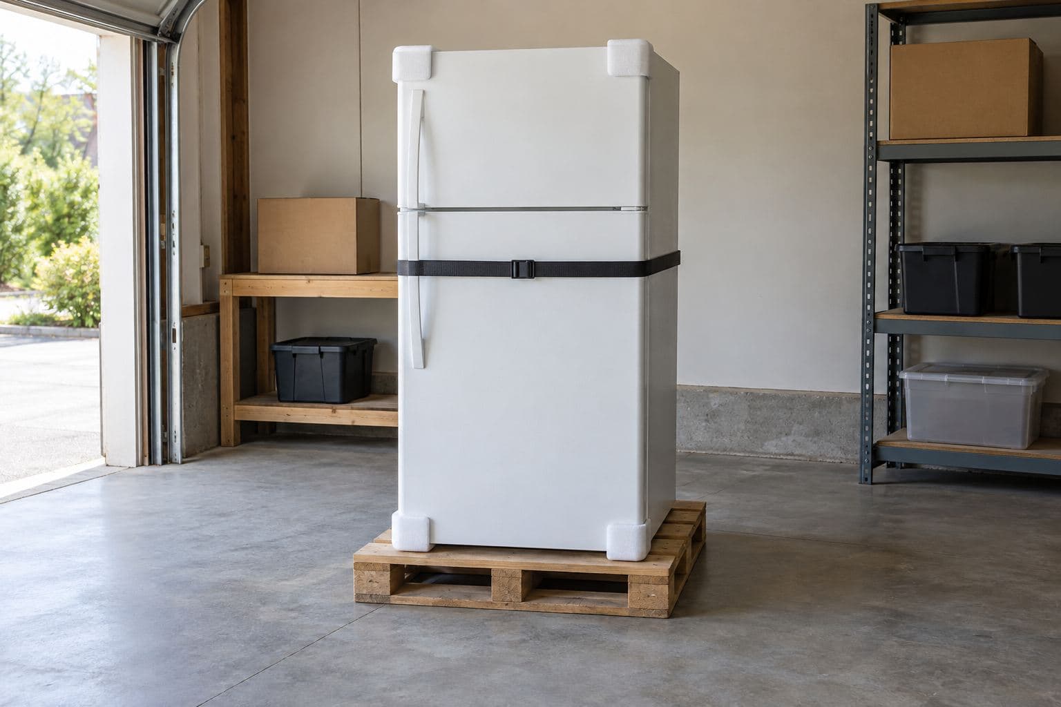 Plain refrigerator upright and secured on a broad pallet in a clear garage bay