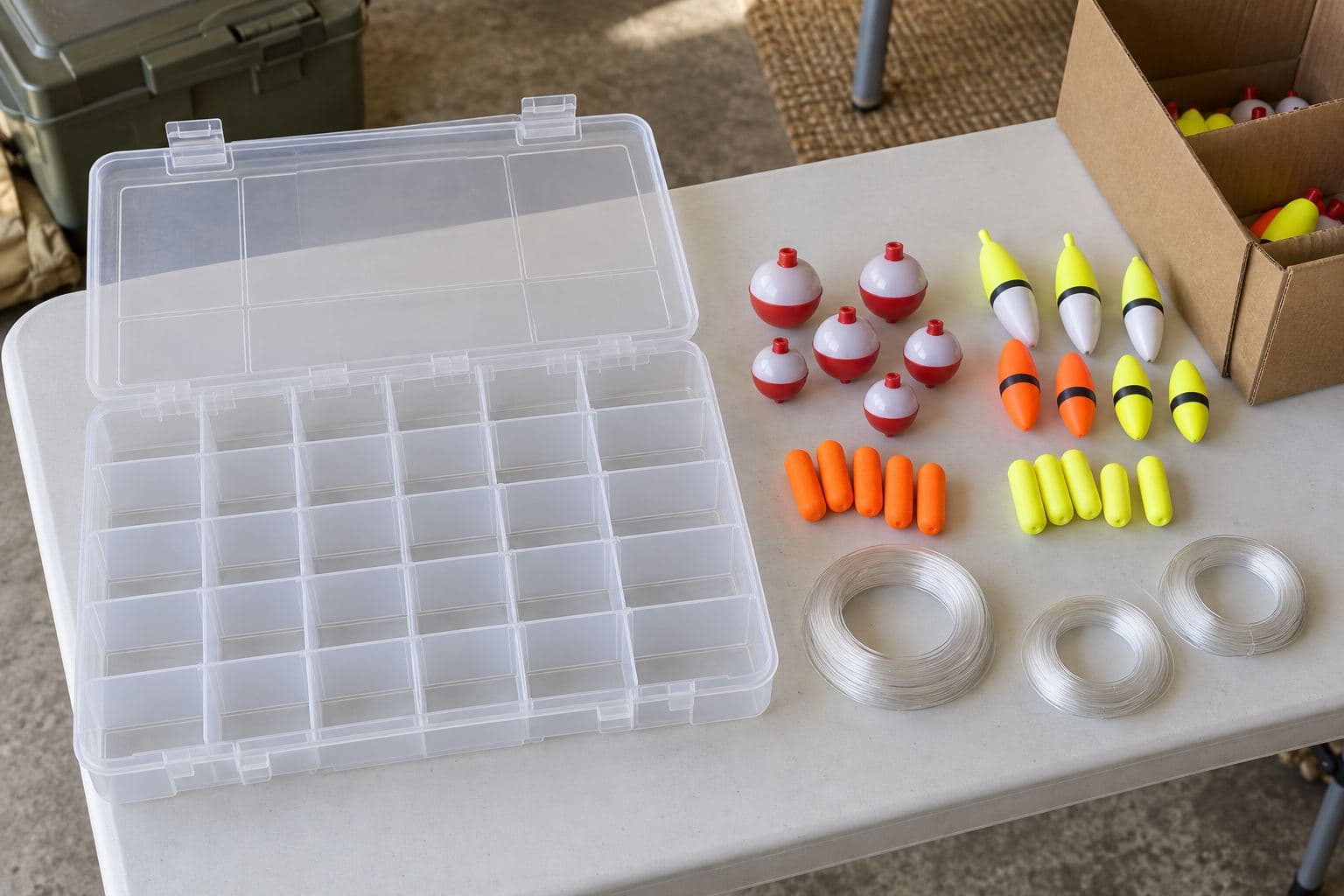 Plain fishing organizer with plastic floats and coiled line arranged beside it