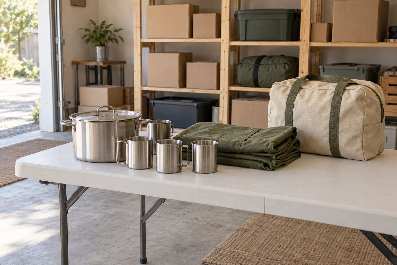 Unbranded camping cookware and folded fabric equipment on a garage table