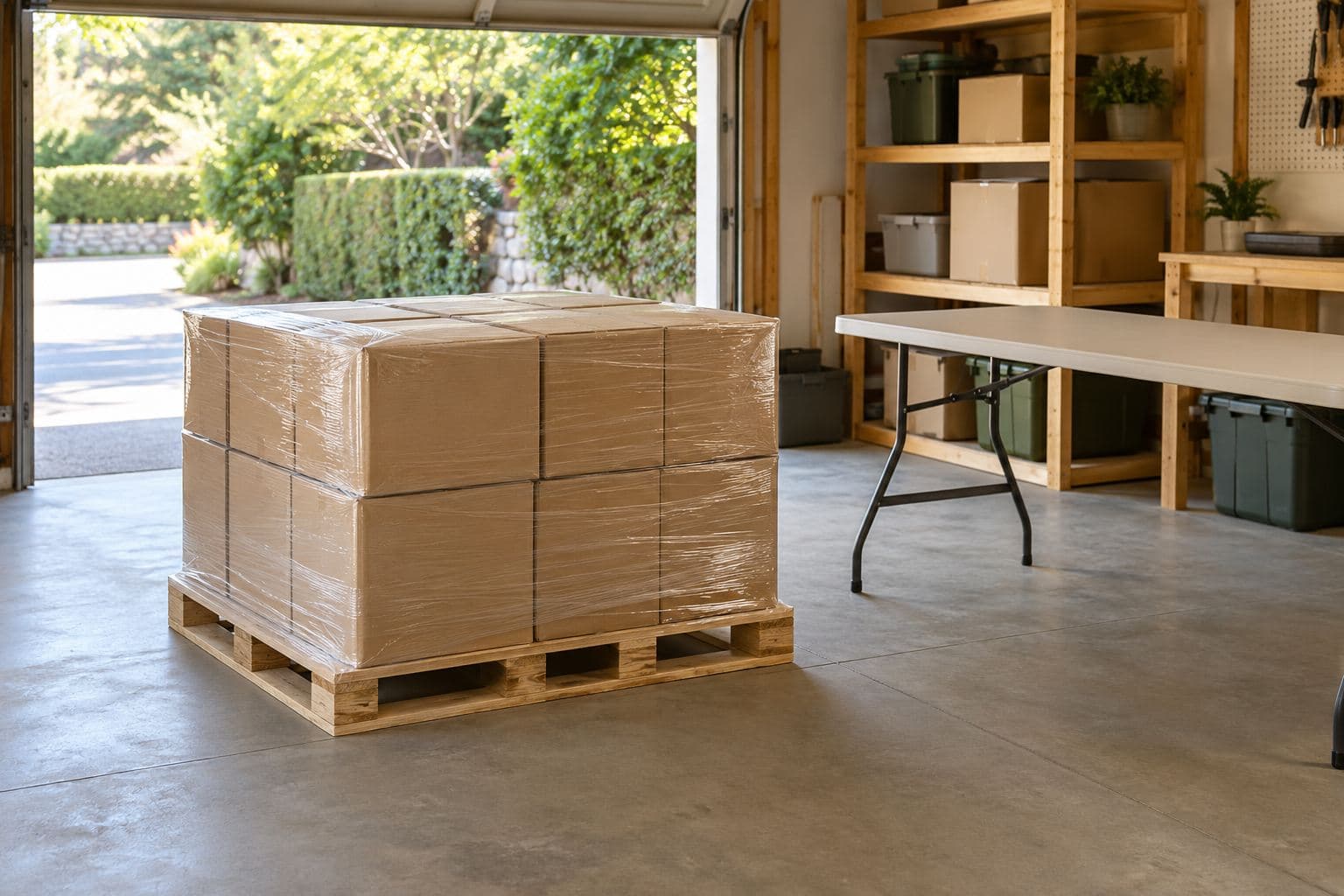 Plain wrapped pallet in a tidy garage receiving area with a clear aisle