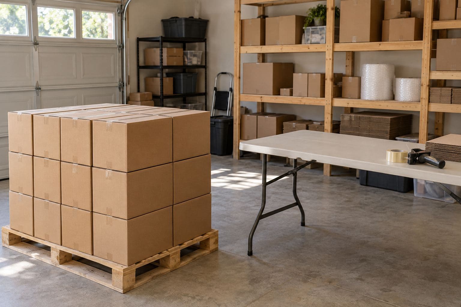 Plain sealed cartons on a low pallet beside a folding sorting table
