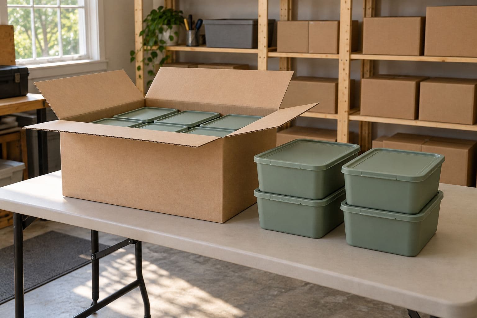 Open master carton beside identical green household storage containers