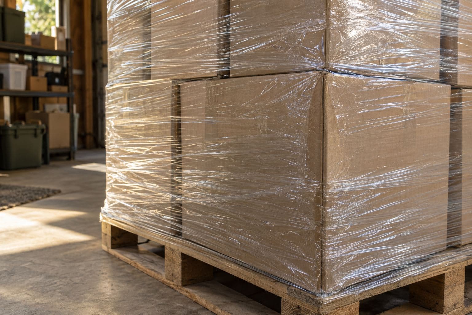 Outer carton faces visible through stretch film while inner cartons remain obscured