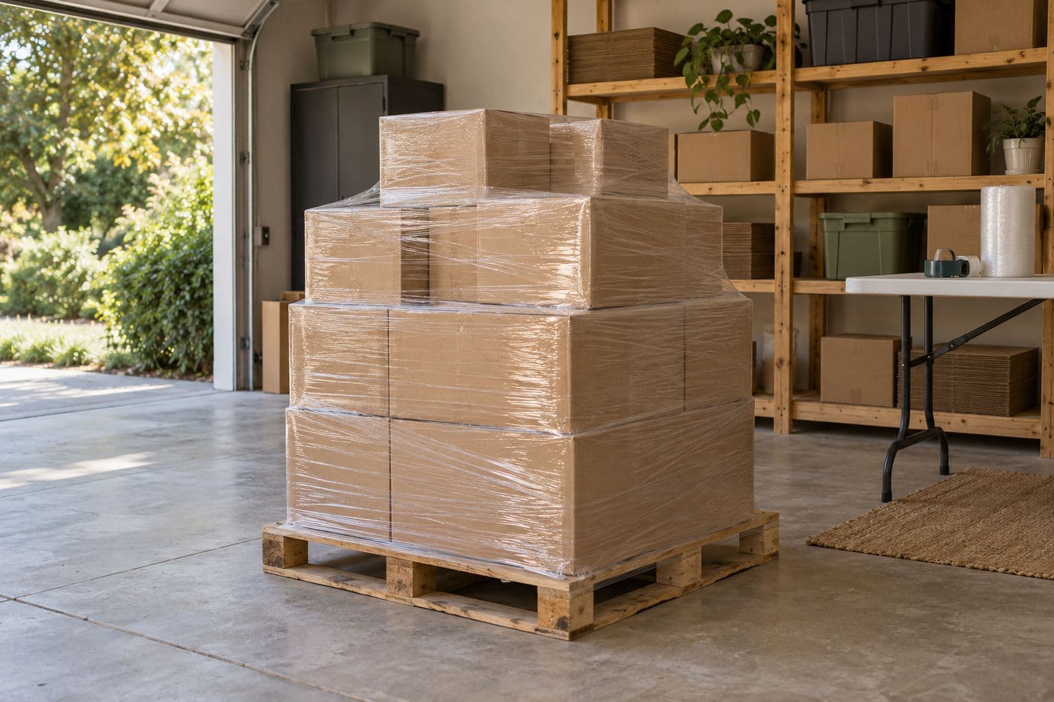 Low stable pallet of plain brown cartons secured with clear stretch film