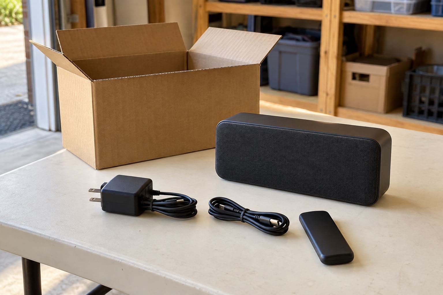 Plain speaker beside an open carton, power adapter, cable and face-down remote