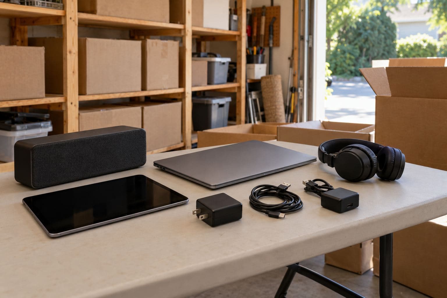 Unbranded electronics with dark screens and separate chargers on a garage sorting table