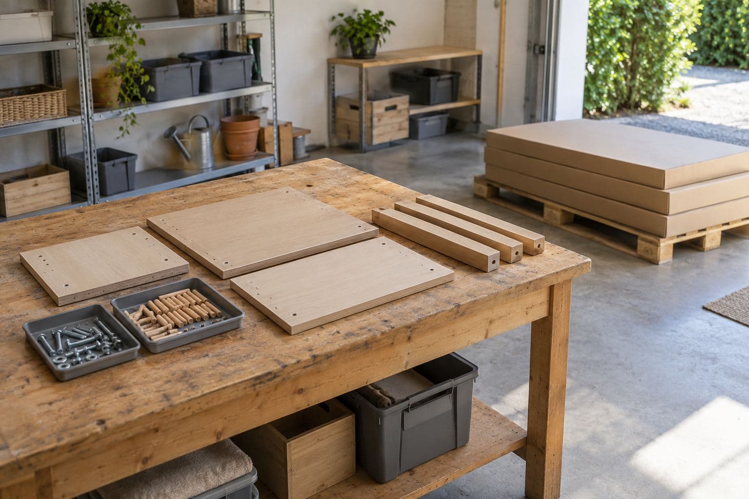 Flat furniture cartons beside panels and sorted hardware on a garage workbench